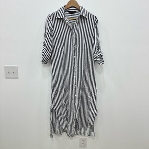 Charlie B Linen Shirt Dress Navy White striped women’s Sz Small Petite coastal